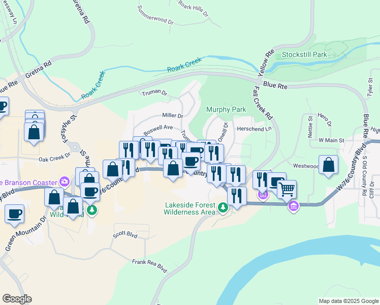 map of restaurants, bars, coffee shops, grocery stores, and more near 1709 Colonial Drive in Branson