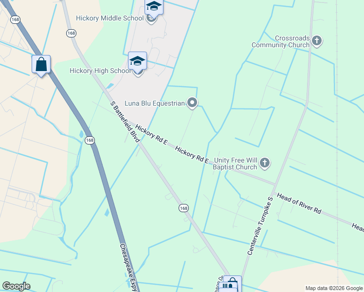 map of restaurants, bars, coffee shops, grocery stores, and more near 232 Hickory Road East in Chesapeake