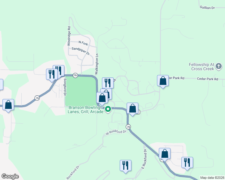 map of restaurants, bars, coffee shops, grocery stores, and more near 225 Cross Creek Boulevard in Branson