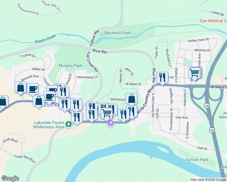 map of restaurants, bars, coffee shops, grocery stores, and more near 1301 Westwood Drive in Branson
