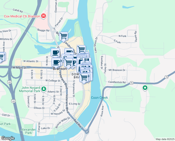 map of restaurants, bars, coffee shops, grocery stores, and more near 10507 Promenade Way in Branson