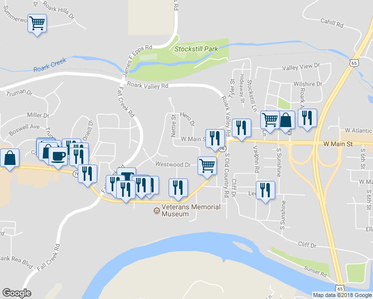map of restaurants, bars, coffee shops, grocery stores, and more near 1208 Blackner Street in Branson