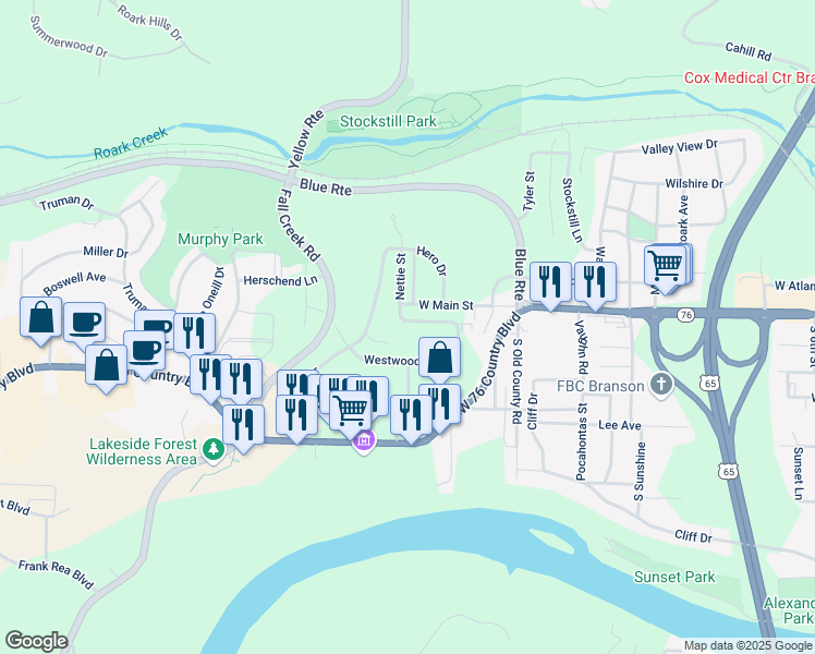 map of restaurants, bars, coffee shops, grocery stores, and more near 105 Blackner Street in Branson