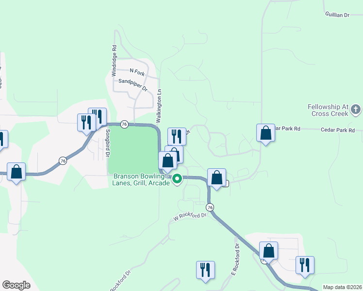 map of restaurants, bars, coffee shops, grocery stores, and more near 273 Sunrise Cove in Branson