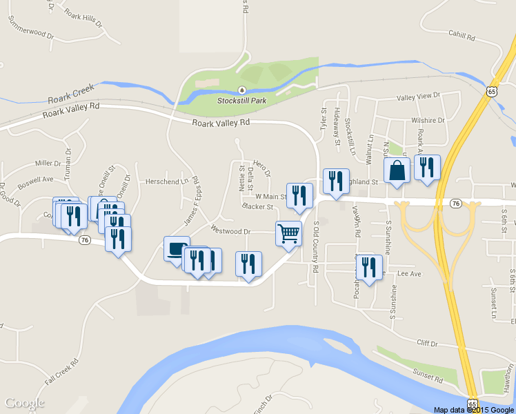 map of restaurants, bars, coffee shops, grocery stores, and more near 101-1211 Blacker Street in Branson