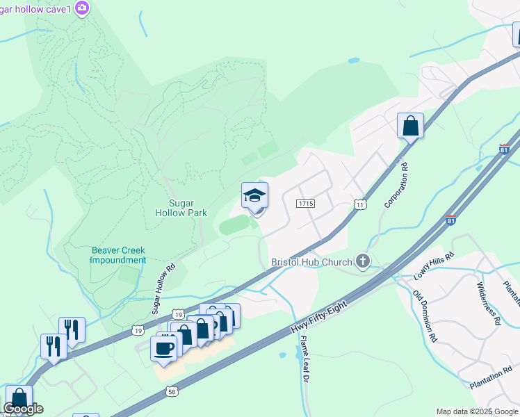 map of restaurants, bars, coffee shops, grocery stores, and more near 21264 Battle Hill Drive in Bristol