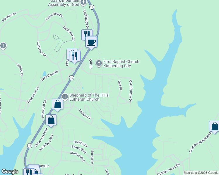map of restaurants, bars, coffee shops, grocery stores, and more near 9 Starboard Drive in Kimberling City