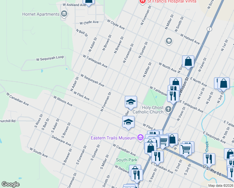 map of restaurants, bars, coffee shops, grocery stores, and more near 628 West Sequoyah Avenue in Vinita