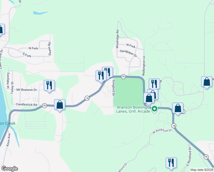 map of restaurants, bars, coffee shops, grocery stores, and more near 1481 Missouri 76 in Branson