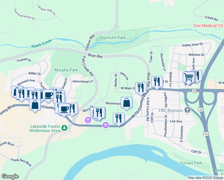 map of restaurants, bars, coffee shops, grocery stores, and more near 103 Nettie Street in Branson