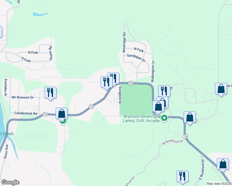 map of restaurants, bars, coffee shops, grocery stores, and more near 150 Songbird Drive in Branson