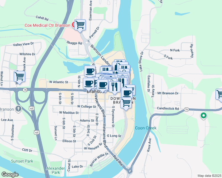 map of restaurants, bars, coffee shops, grocery stores, and more near 114 East Atlantic Street in Branson