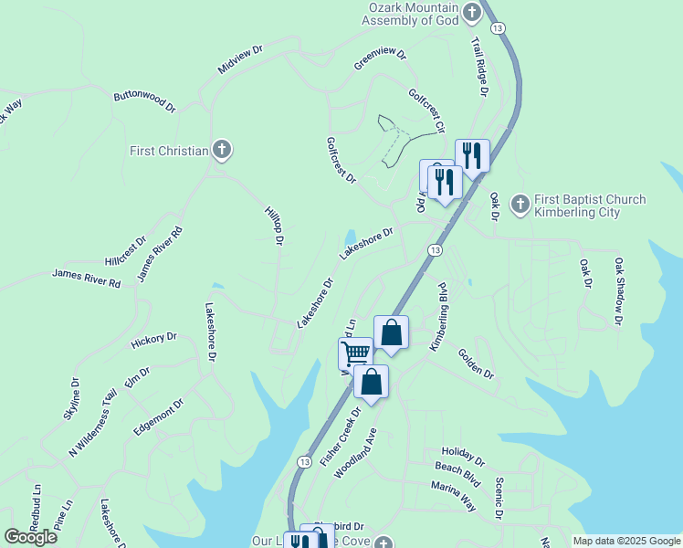 map of restaurants, bars, coffee shops, grocery stores, and more near 270-278 Lakeshore Drive in Kimberling City
