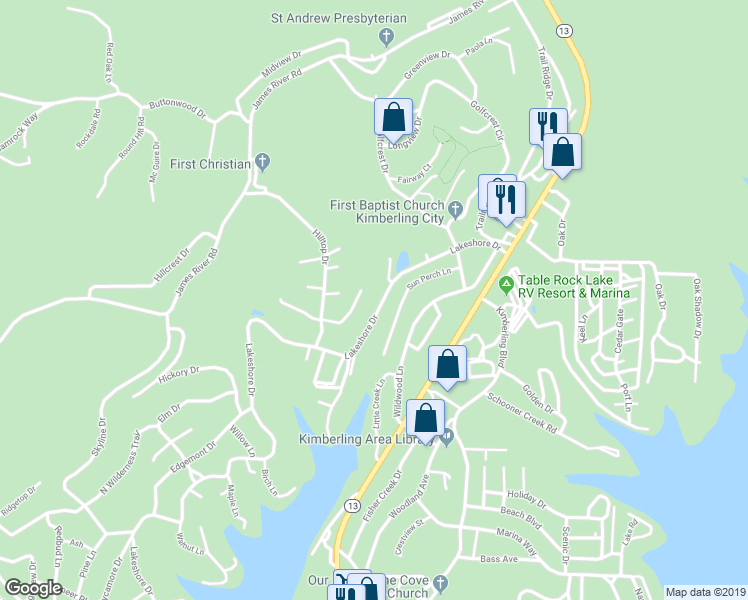 map of restaurants, bars, coffee shops, grocery stores, and more near 12 West Valley View Drive in Kimberling City