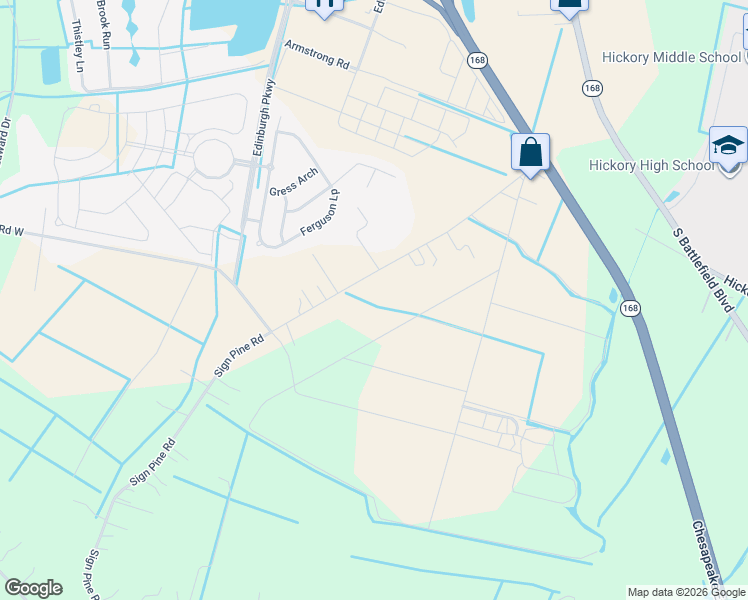 map of restaurants, bars, coffee shops, grocery stores, and more near 345 Sign Pine Road in Chesapeake