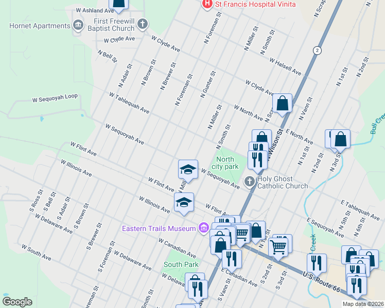 map of restaurants, bars, coffee shops, grocery stores, and more near 335 North Miller Street in Vinita