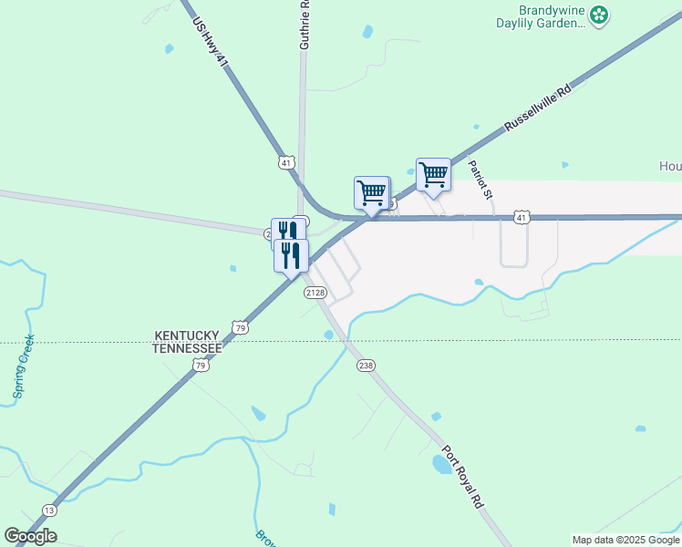 map of restaurants, bars, coffee shops, grocery stores, and more near 10460 Russellville Road in Guthrie