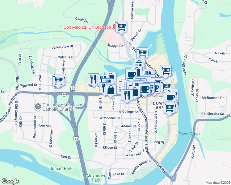 map of restaurants, bars, coffee shops, grocery stores, and more near 119 North 5th Street in Branson