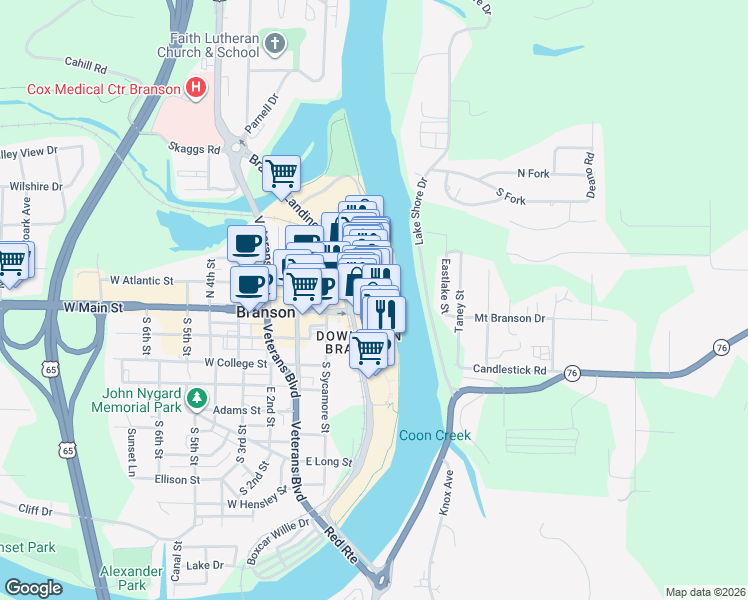 map of restaurants, bars, coffee shops, grocery stores, and more near 9502 Branson Landing Boulevard in Branson