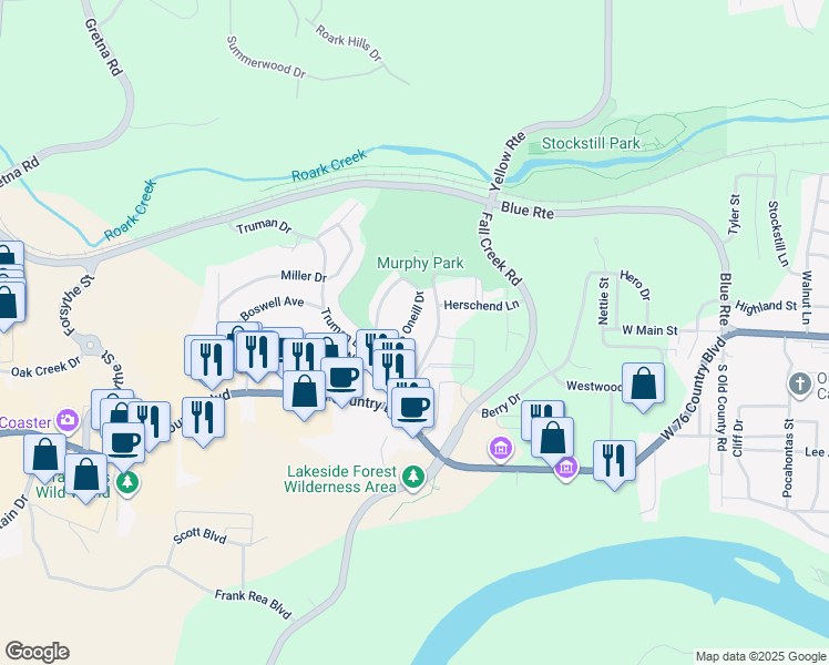 map of restaurants, bars, coffee shops, grocery stores, and more near 114 Rose Oneill Drive in Branson