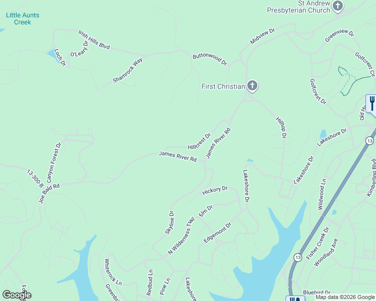 map of restaurants, bars, coffee shops, grocery stores, and more near 24 Hillcrest Drive in Kimberling City