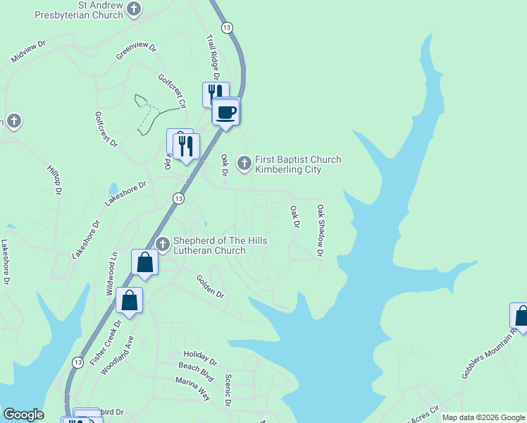 map of restaurants, bars, coffee shops, grocery stores, and more near 34 Clipper Ln in Kimberling City