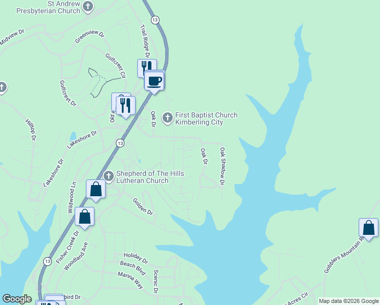 map of restaurants, bars, coffee shops, grocery stores, and more near 104 Oak Drive in Kimberling City