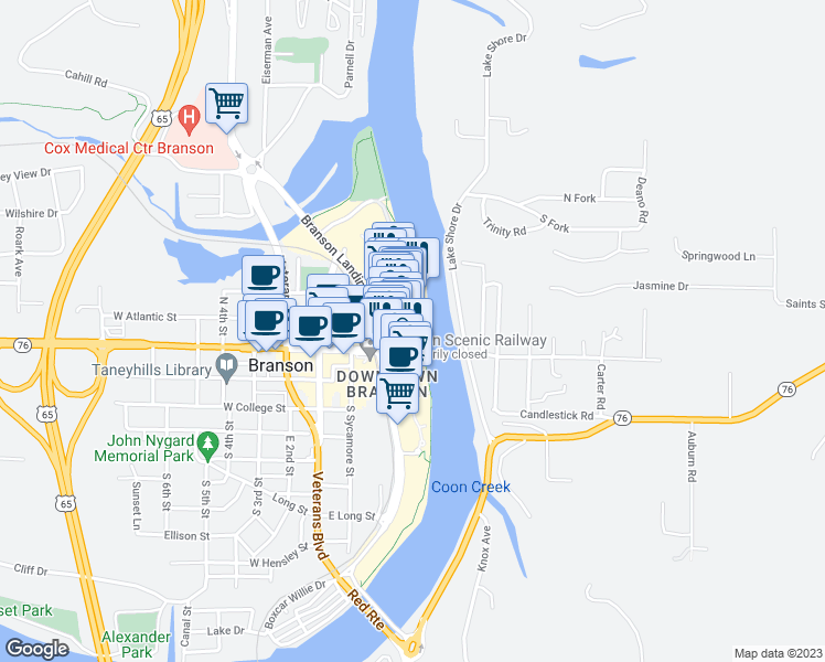 map of restaurants, bars, coffee shops, grocery stores, and more near 9502 Branson Landing Boulevard in Branson