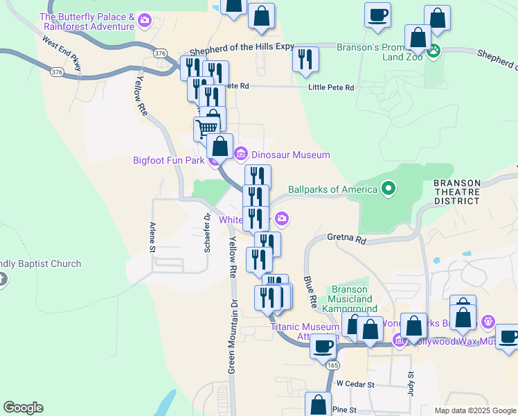 map of restaurants, bars, coffee shops, grocery stores, and more near 3510 West 76 Country Boulevard in Branson