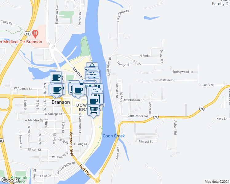 map of restaurants, bars, coffee shops, grocery stores, and more near 191 Eastlake Street in Branson