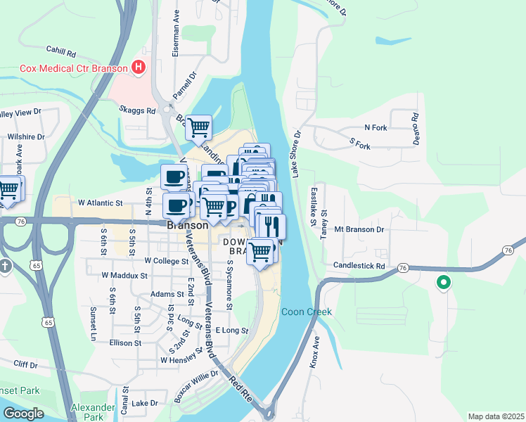 map of restaurants, bars, coffee shops, grocery stores, and more near 9502 Branson Landing Boulevard in Branson
