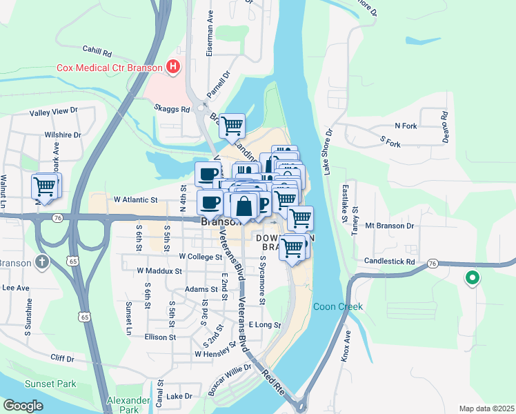 map of restaurants, bars, coffee shops, grocery stores, and more near 114 East Atlantic Street in Branson