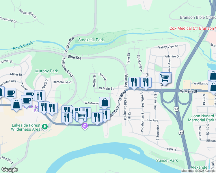 map of restaurants, bars, coffee shops, grocery stores, and more near 103 Hero Drive in Branson