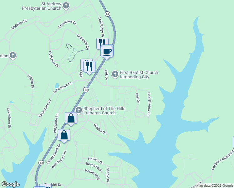 map of restaurants, bars, coffee shops, grocery stores, and more near 34 Clipper Lane in Kimberling City