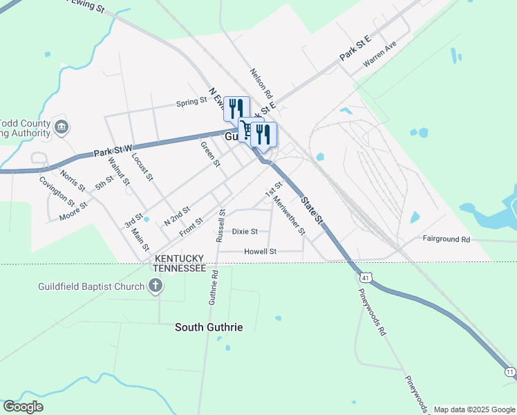 map of restaurants, bars, coffee shops, grocery stores, and more near 225 1st Street in Guthrie