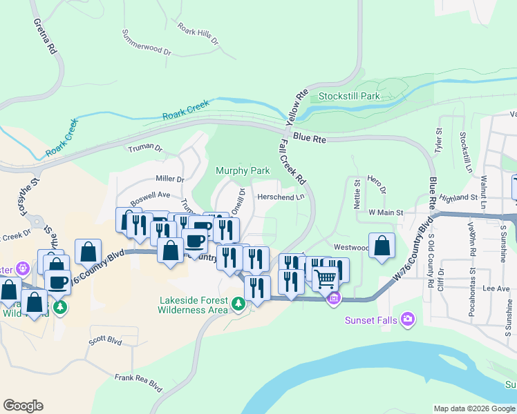 map of restaurants, bars, coffee shops, grocery stores, and more near 1450 Herschend Lane in Branson