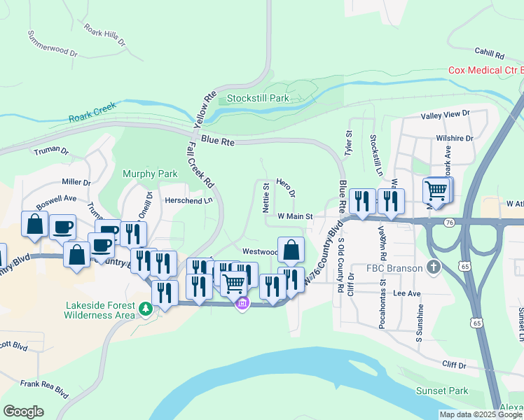 map of restaurants, bars, coffee shops, grocery stores, and more near 103 Nettie Street in Branson