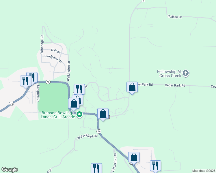 map of restaurants, bars, coffee shops, grocery stores, and more near 196 Prairie Drive in Branson
