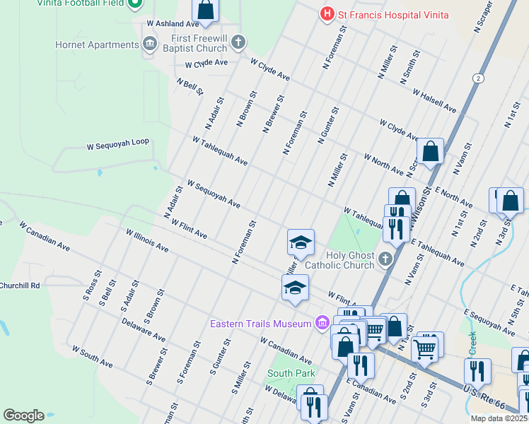 map of restaurants, bars, coffee shops, grocery stores, and more near 628 West Sequoyah Avenue in Vinita