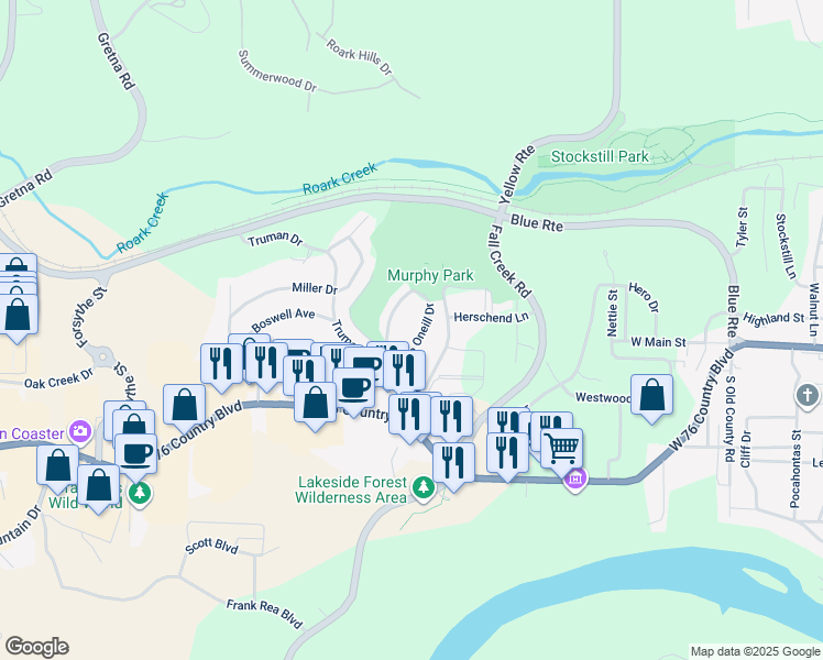 map of restaurants, bars, coffee shops, grocery stores, and more near 115 Rose Oneill Drive in Branson