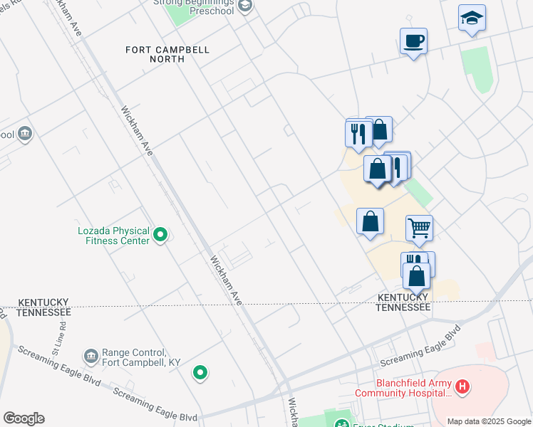 map of restaurants, bars, coffee shops, grocery stores, and more near Tennessee Ave & 35th St in Fort Campbell