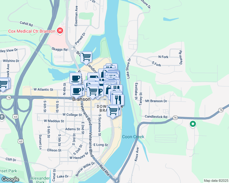 map of restaurants, bars, coffee shops, grocery stores, and more near 9502 Branson Landing Boulevard in Branson