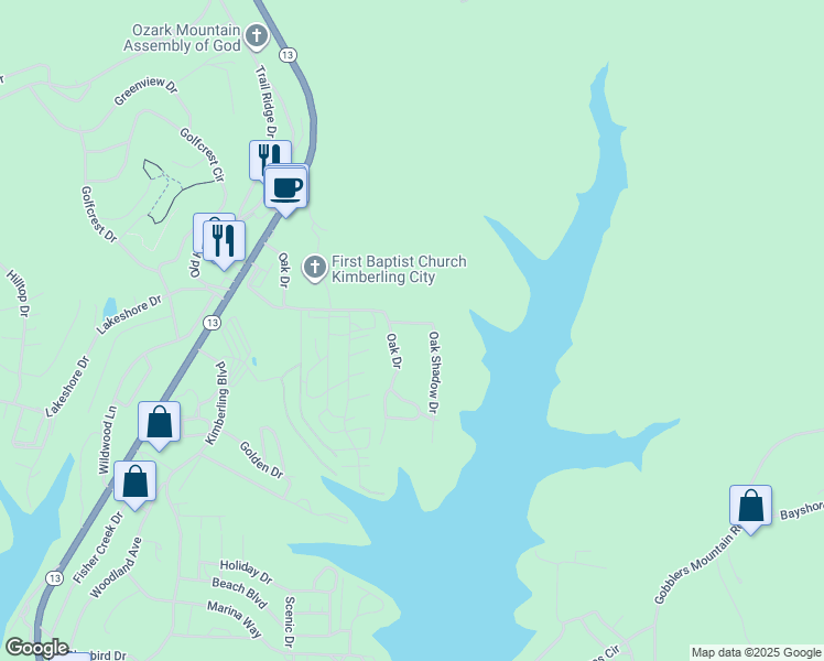 map of restaurants, bars, coffee shops, grocery stores, and more near 7 Oak Shadow Drive in Kimberling City