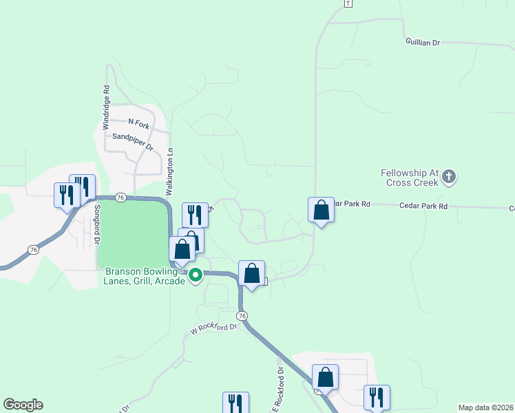 map of restaurants, bars, coffee shops, grocery stores, and more near 196 Prairie Drive in Branson