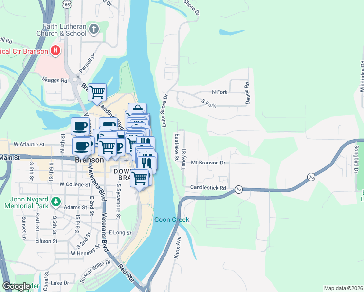 map of restaurants, bars, coffee shops, grocery stores, and more near 295 Taney Street in Branson