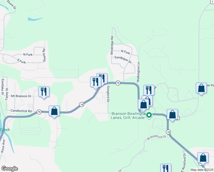 map of restaurants, bars, coffee shops, grocery stores, and more near 150 Songbird Drive in Branson