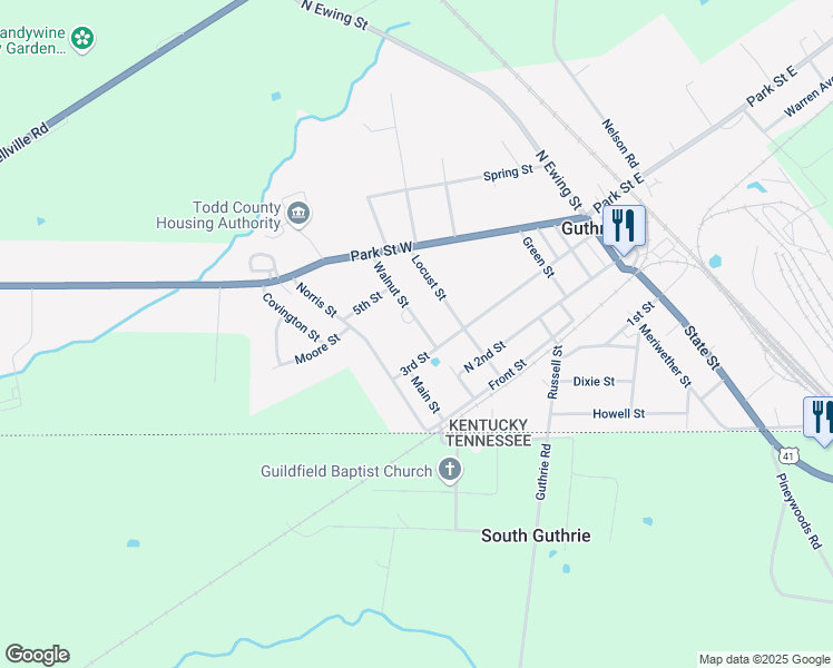 map of restaurants, bars, coffee shops, grocery stores, and more near 256 Walnut Street in Guthrie