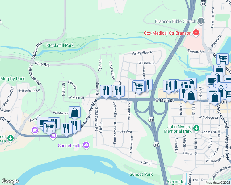 map of restaurants, bars, coffee shops, grocery stores, and more near 1016 Highland Street in Branson