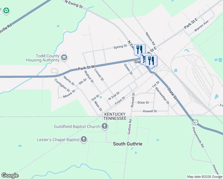 map of restaurants, bars, coffee shops, grocery stores, and more near 201-299 Locust Street in Guthrie
