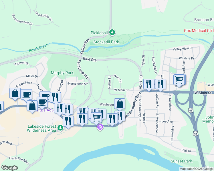 map of restaurants, bars, coffee shops, grocery stores, and more near 103 Nettie Street in Branson